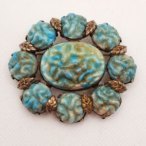 Vtg Rippled Art Glass Faux Turquoise Brooch Czech Hubble Molded Glass 1930s 40s